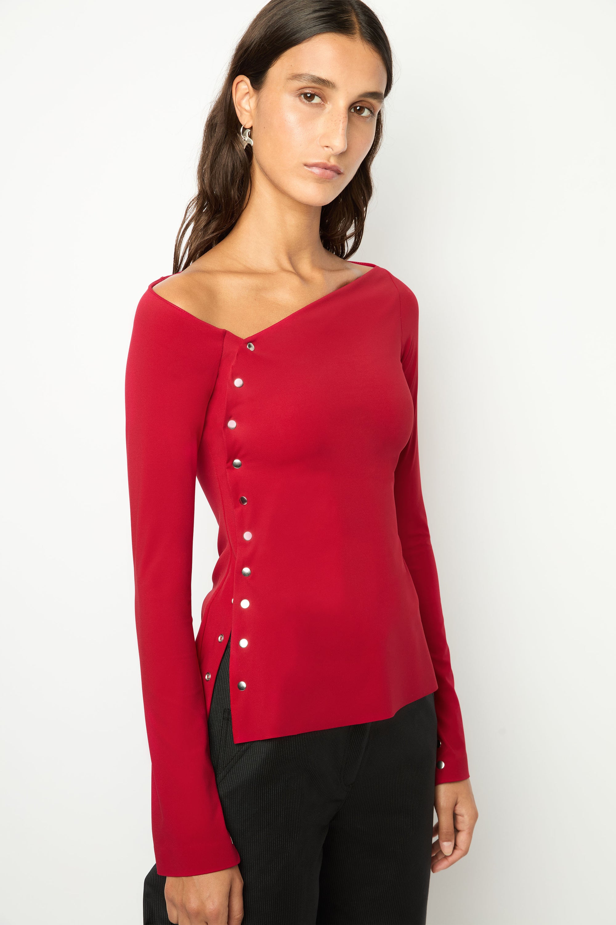 ASYMMETRICAL WRAP TOP in cherry red