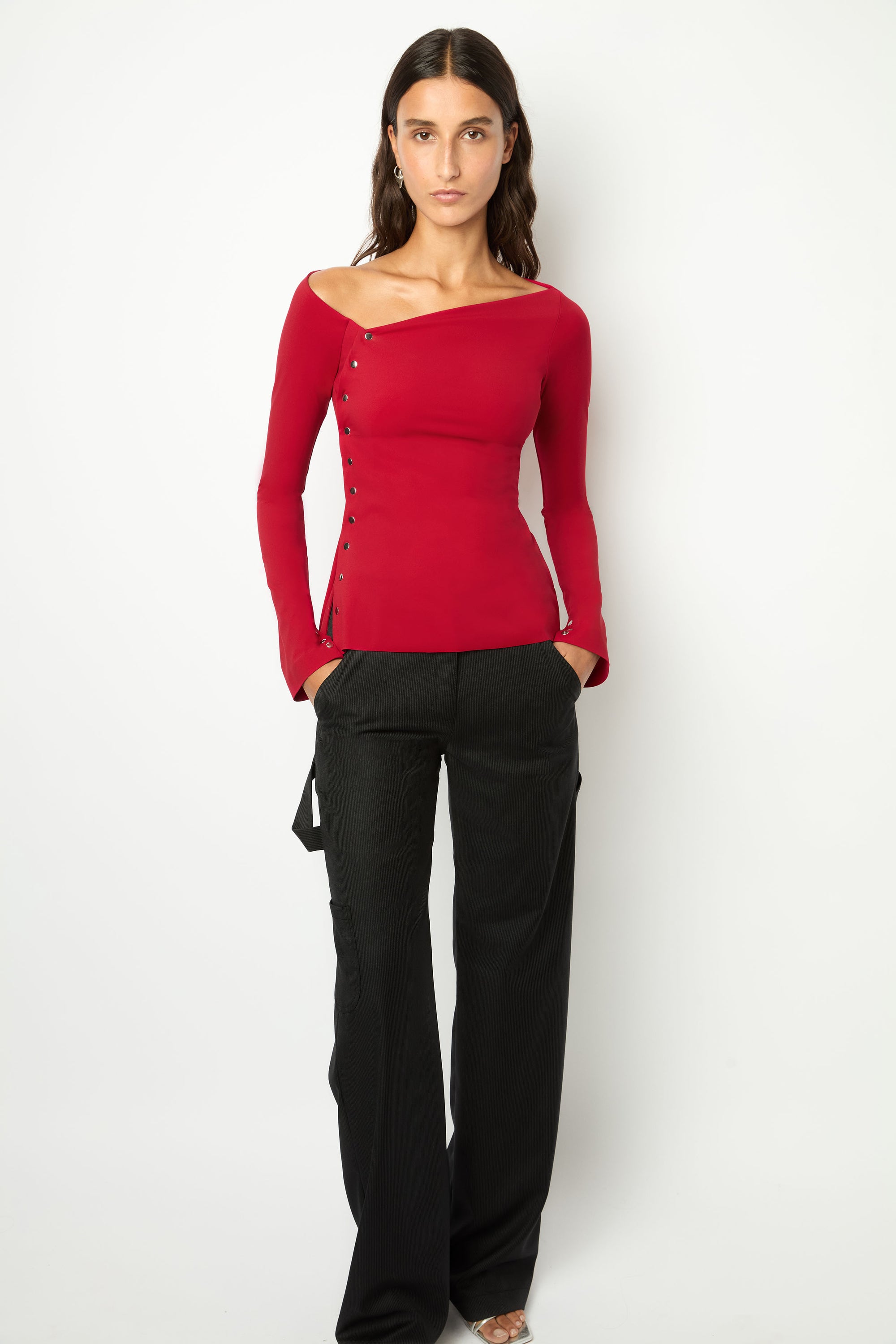 ASYMMETRICAL WRAP TOP in cherry red