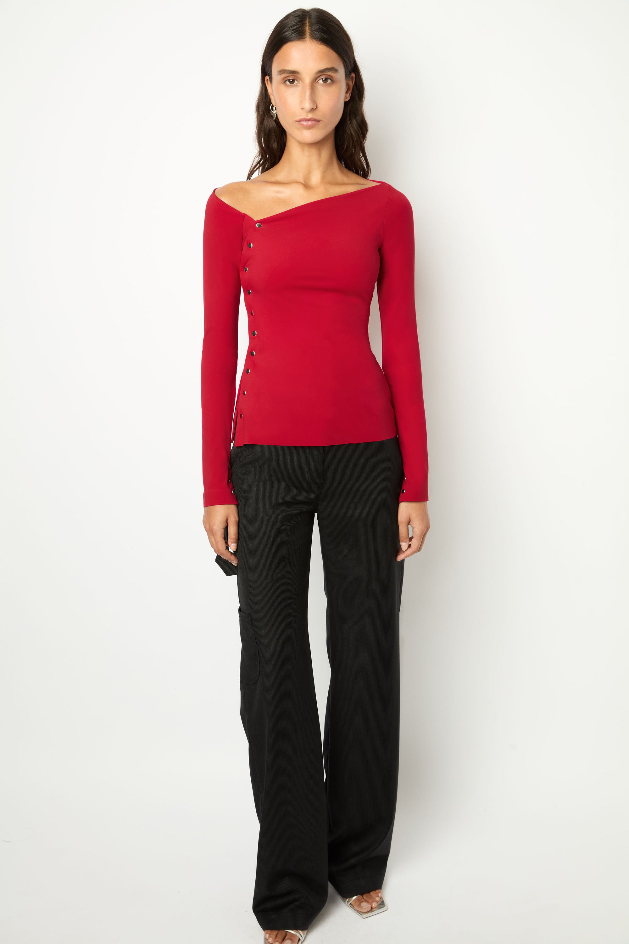 ASYMMETRICAL WRAP TOP in cherry red